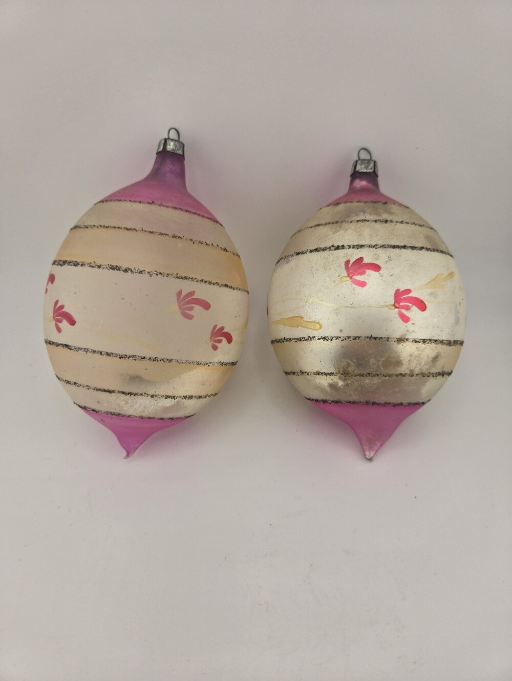Set of 2 Jumbo Tear Drop Pink and White Stripe Christmas Ornaments